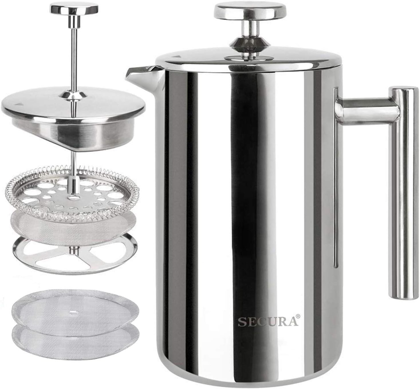 Secura French Press Coffee Maker, 304 Grade Stainless Steel Insulated Coffee Press with 2 Extra Screens, 17oz (0.5 Litre), Silver
